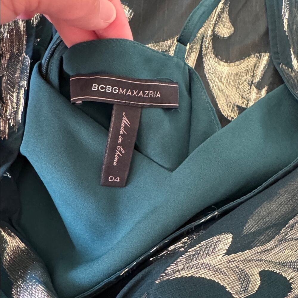 BCBGMAXAZRIA Fern Green Metallic Silk One Shoulder Cocktail Mini Dress Size 4 - Picture 5 of 8